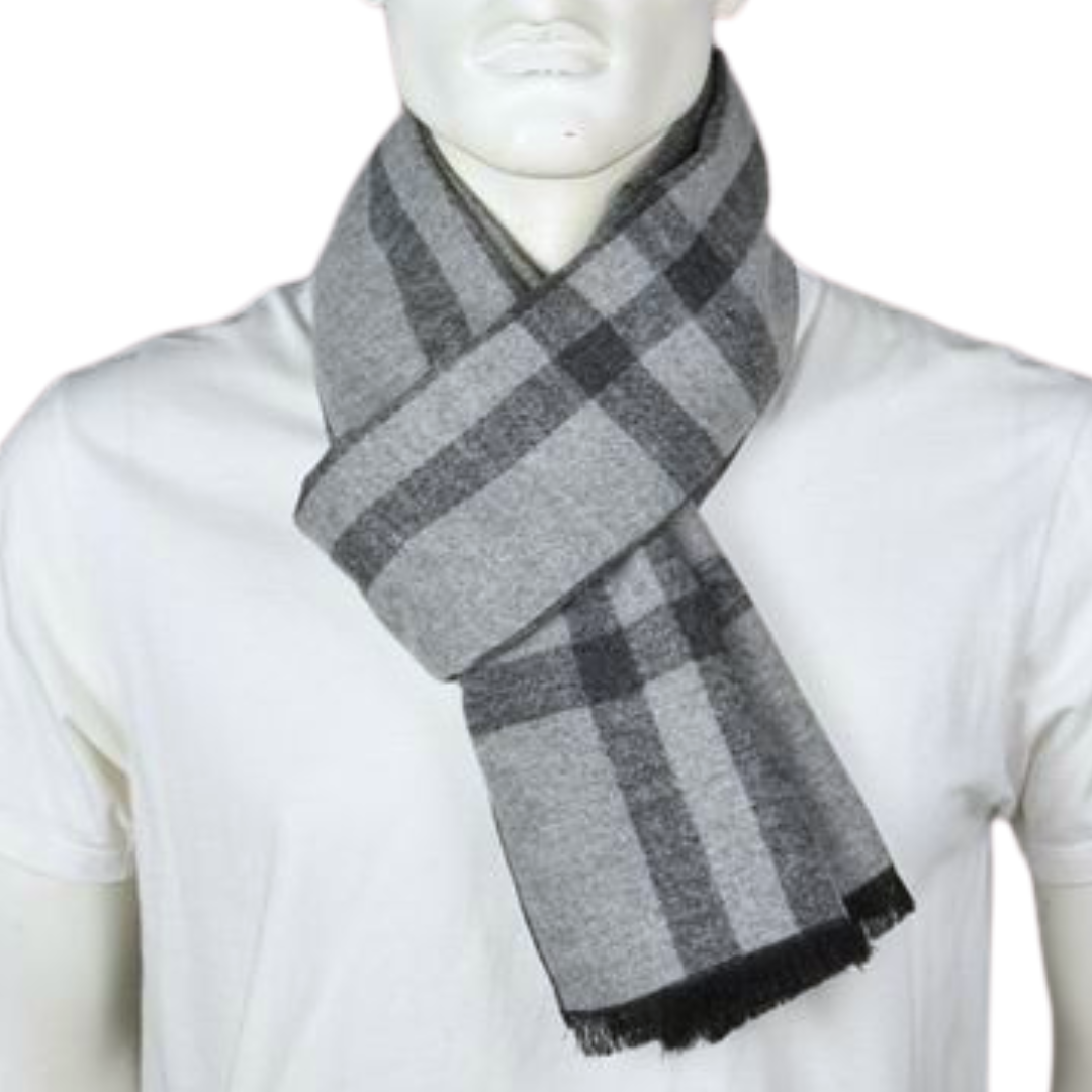 Grey Reversible Plaid Check Scarf