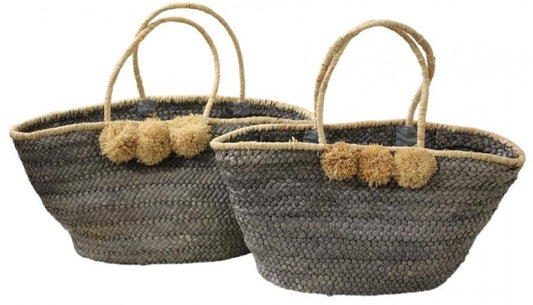 Market Bag Blue Pom Poms Set of 2