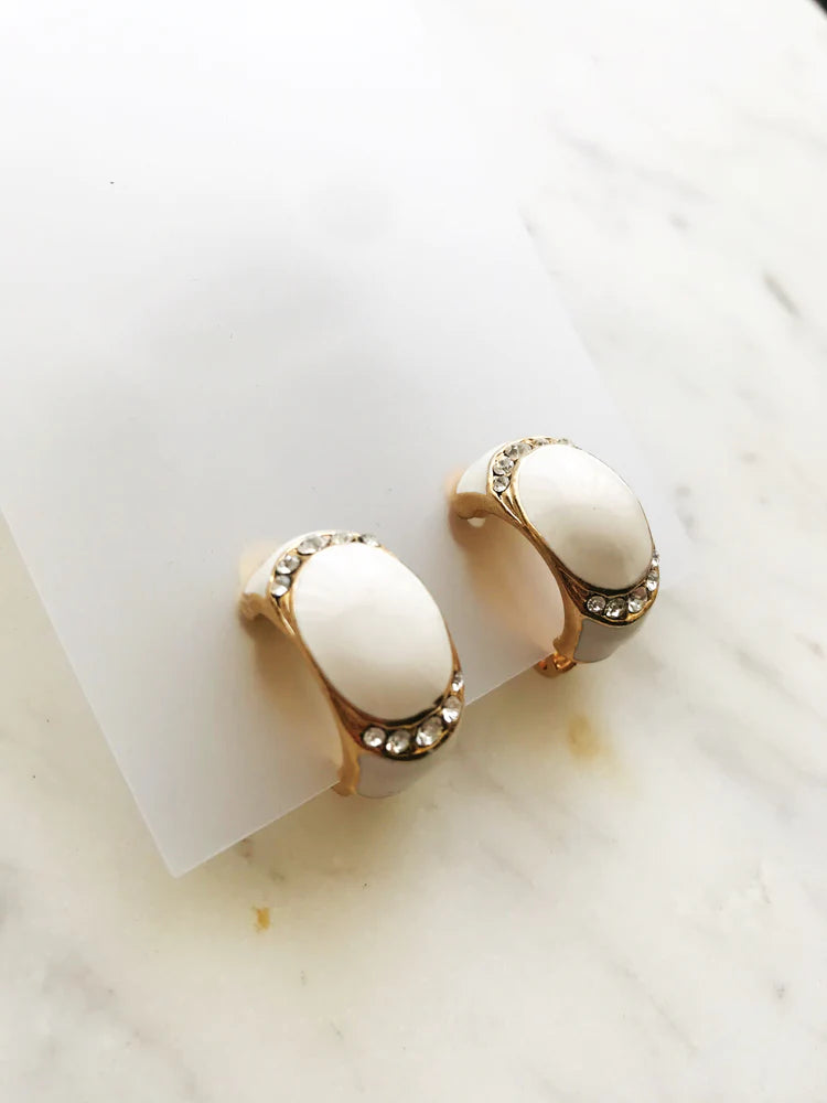 Gold & White Enamel Half Huggie Crystal Clip On Earrings