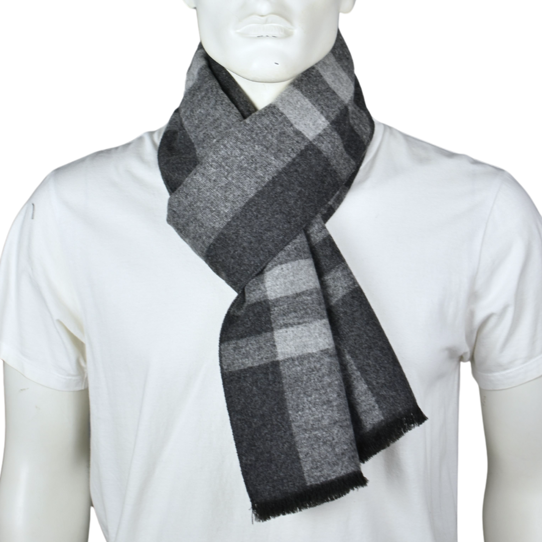 Grey Reversible Plaid Check Scarf