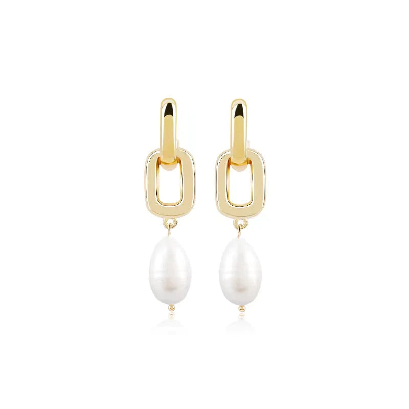 Gold Link & Pearl Earrings